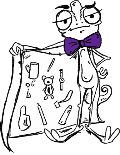 Gamma cameleon showing his gadgets under coat